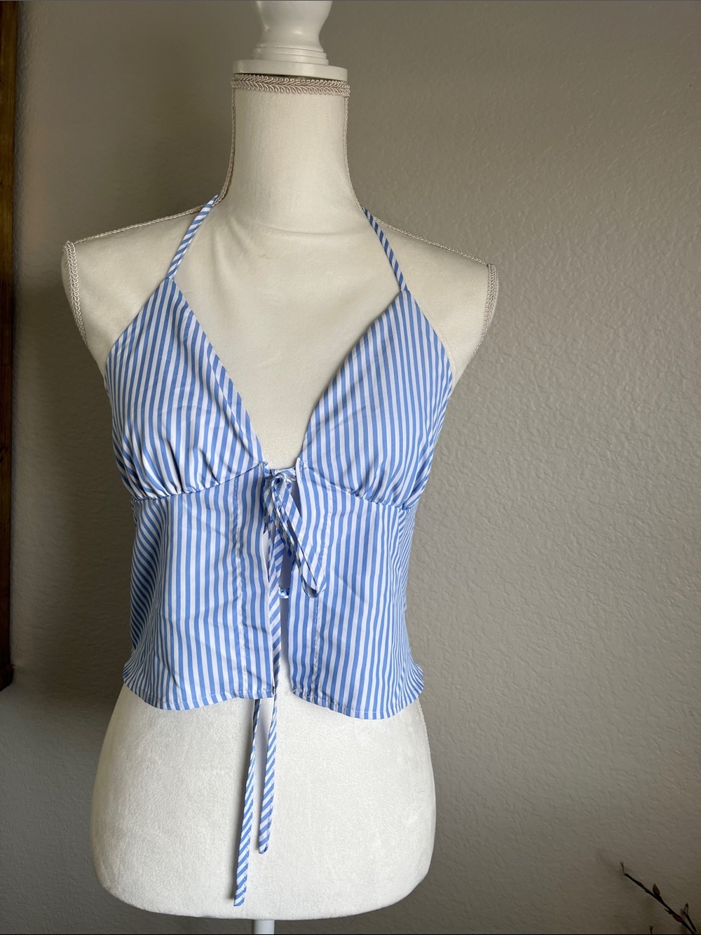 SHEIN Blue and White Striped Halter Tie-Front Camisole